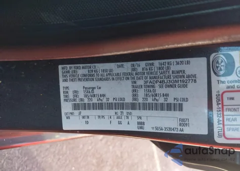 2016 Ford Fiesta Se из США, поврежденный, VIN 3FADP4BJ3GM192778